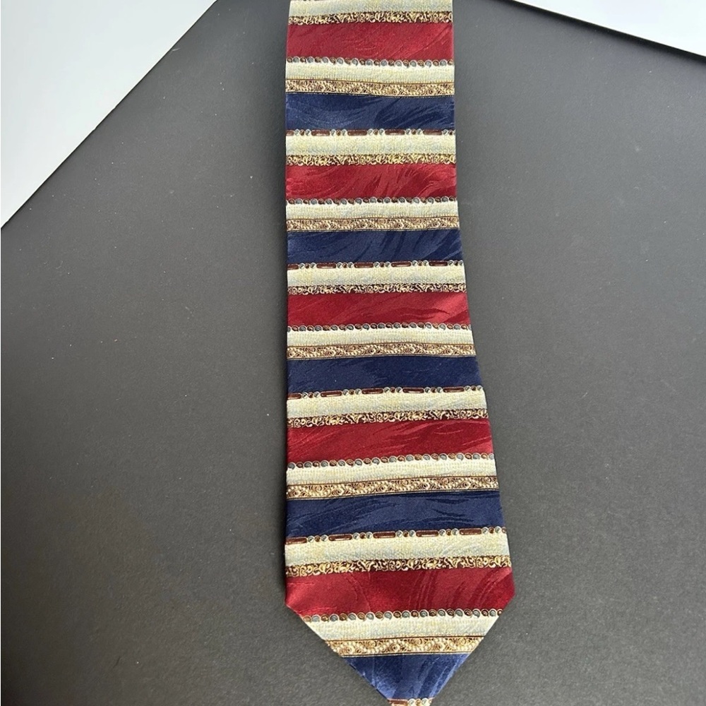 Elegant Striped Tie in Burgundy, Navy, and Gold